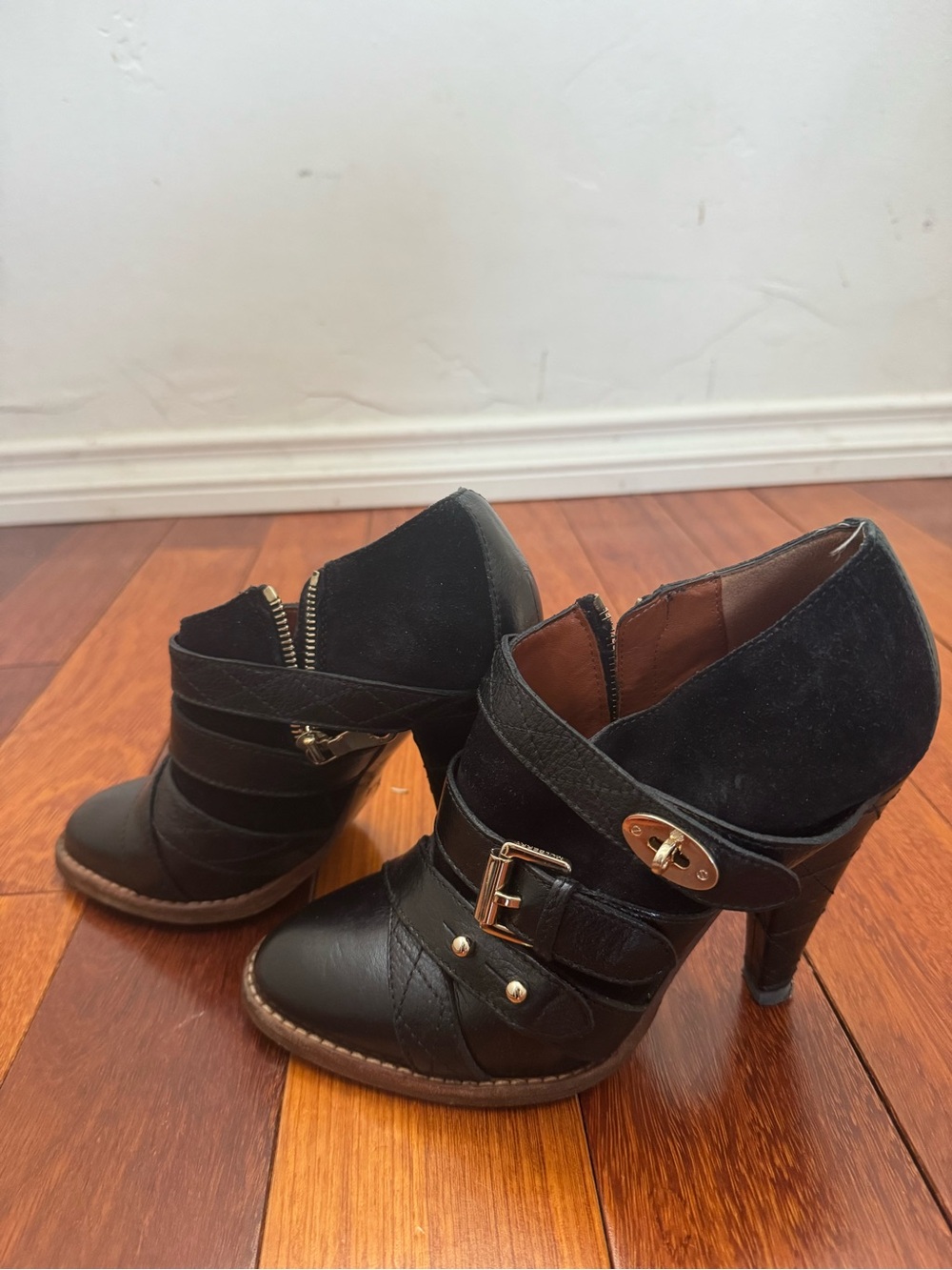 Mulberry Black Leather & Suede Heeled Ankle Boots with Buckle Accent